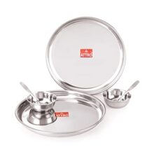 Attro 6 Pieces Dazzle Series Stainless Steel Dinnerware/Dinner Set – 2 Thali, 2 Bowl, 2 Spoon, Food Grade Quality Kitchen Set Use for Home, Restaurants & Outdoor – Silver,Solid