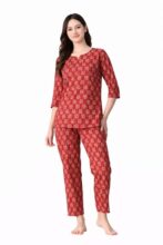 Ichaa Women’s Printed Cotton Night Wear Top and Bottom Night Suit Set (L) Red