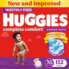 Huggies Complete Comfort Wonder Pants, India’S Fastest Absorbing Diaper, Patented Dry Xpert Channel | Pant Style Diapers Xl Size (12 To 17 Kgs), Pack Of 112 Diapers