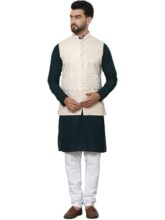 Sojanya (Since 1958 Men’S Pure Cotton Brown Kurta And White Pyjama With Cream Nehru Jacket