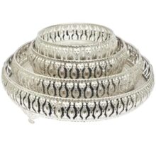 Decorative German Silver Tray Set of 4 Sets Designer Set Trays I Gifting Trays Set [Display for Home Wedding and Festive Decor Size 10 inch 8 inch 6 inch 4 inch. Without Stand Flat Trays.