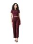 Unifringe Maroon Ribbed Co-Ord Set | Round Neck Crop Top With High Waist Pant (Maroon,M)