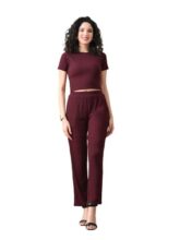 Unifringe Maroon Ribbed Co-Ord Set | Round Neck Crop Top With High Waist Pant (Maroon,M)