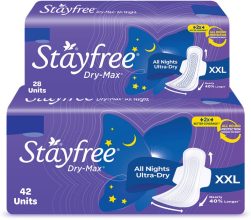 Stayfree Dry-Max All Nights| All Round Protection Through The Night| 2X Better Coverage Sanitary Pad(Pack Of 70)