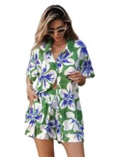 Trendy Queen Floral Green-Blue Printed Shirt Shorts Co Ord Set for Women Stylish Casual Outfit Lightweight Fabric Half Sleeve Button Down Relaxed Fit Summer Travel Ensemble