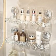 Zockrix Wall Mounted Bathroom Storage Rack With Suction Cups – Double Shelf With Hooks – Transparent & Patterned Front Design (2)