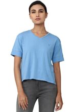 Van Heusen Women Cotton Blend Solid Regular Fit T-Shirt (VWCTURGPW18133_Light Blue XS)