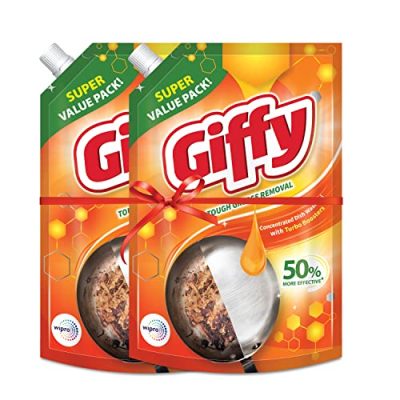 Giffy Liquid Dish Wash Gel With Turbo Boosters| 50% More Effective| Mild Fragrance Removes Odour| Easy Lather & Easy Rinse Off Formulation| Leaves No White Residue| Safe On Hands| 900Ml (Pack Of 2)