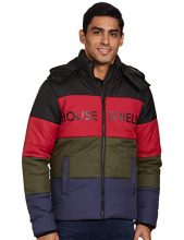 Amazon Brand – House & Shields Men’S Polyester Standard Length Quilted Jacket (Hs-A22-Qb-02_Black,Red_Medium)