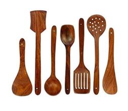 Smart Furniture Wooden Serving and Cooking Spoons Wood Brown Spoons Kitchen Utensil Set of 7
