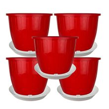 Go Hookedplastic Duro Flower Pot For Gardening, Indoor/Outdoor Planter-Red (8 Inch)(Pack Of 5 With Tray)