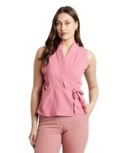 Symbol Premium Women’s Solid Sleeveless Wrap Top (Regular Fit | Desk-to-Dinner) (Available in Plus Sizes) (SBP-SS24-WTOP-205_Pink_XL)