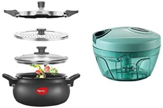Pigeon by Stovekraft All in One Ceramic Super Outer Lid Cooker, 5 Liters, Black/Transparent – Aluminium & Stainless Steel & Polypropylene Mini Handy and Compact Chopper with 3 Blades(Green, 400 ml)
