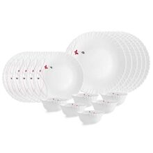 CELLO Lush Fiesta Dazzle Series Opalware Dinner Set of 18 Pieces for Family of 2 | Bone-Ash Free & Leadfree Opal Glass, Microwave & Dishwasher Safe, Plates & Bowls Crockery Set for Dining & Gifting