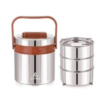 ATTRO Steel On 3 Insulated Tiffin Box 3 Stainless Steel Containers Easy Carry Handle, BPA-Free, Leakproof Office, School & Travel – Brown-900ml