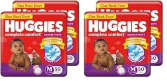 Huggies Complete Comfort Wonder Pants | Pant Style Baby Diapers M Size, 100 Count | India’s Fastest Absorbing Diaper, Patented Dry Xpert Channel, Ideal for 7 to 12 Kgs (Pack of 2)