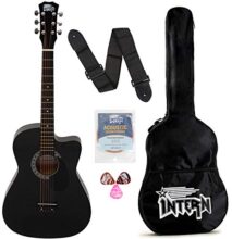 Intern Int-38C-Bk-G 38 Inches Basswood Cutaway Right Handed Acoustic Guitar Kit, With Bag, Strings, Pick And Strap (Black, 6 Strings) Glossy.