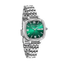 Giordano Elegant Square Watch for Women – Crystal & Roman Hour Markers, Day-Date Display, Stainless Steel Strap