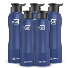Go24 pexpo Stainless Steel Water Bottle Bistro Denim Blue 1000ml Pack of 5 | Sipper Cap, Lightweight single wall fridge Bottle leakproof lid, BPA-free, durable, ideal for school, office, gym, travel