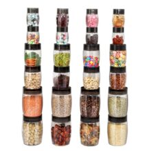 CELLO Clario Pet Storage Container for Kitchen Set of 24 Pcs Black | 8x300ml, 8x650ml, 8x1200ml Freezer & Fridge Safe Stackable Airtight Kitchen Storage Container Jar Set for Candy Beans Flour Pastry