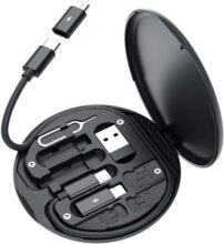 60W Multifunctional Fast Charging Data Cable Kit with Conversion Set – USB-A & USB-C to Micro/USB-C/i O S Connectors, Data Transfer, SIM Storage, SIM Eject Pin, Pocket Mirror & Phone Holder (Black)