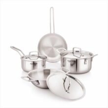 Amazon Basics Triply Stainless Steel Cookware Set 7 Pcs – Deep Kadai(3.4L), Saucepan(1.7L), Casserole(1.8L), Frypan(1.2L) | With 3 Stainless Steel Lids | Dishwasher Safe | Induction and Gas Compatible
