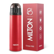 Milton New Crown 900 Thermosteel Water Bottle 750 ml with One Touch Safety Lock, 24 Hours Hot and Cold, Leak Proof Lid, ISI Certified I Vacuum Insulated I for Office, Gym, School I Red