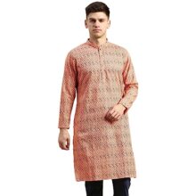 Amodh By Kisah Cotton Blend Rose Pink Kurta For Men, Full Sleaves, Knee Length, Straight, Regular Fit, Mandarin Collar, Geometric Embroidered Mirror Work Ethnic Casual
