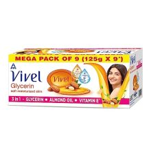 Vivel Glycerin Bathing Bar Soap For Soft Moisturized Skin With Pure Almond Oil & Vitamin E, 1125G (125G – Pack Of 9), Soap For Women & Men, For All Skin Types
