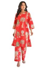 LookMark Women Viscose Rayon Leafy Printed Stitched Kurta with Pant | Red Color Kurta Set | Kurta with Pant Set for Woman | Printed Kurta Set_(AZ-LM-OG1-KS2248-M)