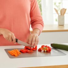 Amazon Brand – Solimo Chopping, Slicing, Kneading | Stainless Steel | Non Slip Rust Proof |Round Edge Counter Top For Vegetables And Fruits | With Rolling Pin (L) (36 X 25 X 0.1 Cm)