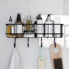 Trendy Home Self Adhesive Bathroom Organiser, Drill-Free Metal Wall Rack With 7-Layer Black Powder Coated Matte Finish, Magic Sticker Bathroom Storage Shelf With 4 Hooks, Rust-Proof Wall Organizer