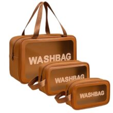 KASHIVAL Clear Travel Toiletry Bags Set, Waterproof Organizer Pouches, Large Capacity Storage Cases for Cosmetics, Accessories, 3 Pack (Brown)