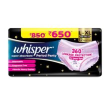 Whisper Super Absorbent Period Panty, 12 L-Xl Pants, 360 Degree Leakage Protection For Heavy Flow, Panty Like Fit For Full Back Coverage, Absorbs Heavy Gushes, Silky Soft, Comfortable Feel, Women