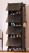 Boxjoy 8 Shelf Shoe Rack With 4 Black Doors, 5 Hook Steel Holder & Wooden Hammer For Home Storage Pp Plastic Organizer With Metal Door Frame To Cover Chappal Slipper Sandals Shoes Box Stand (Black)