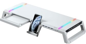 acer Ergo Multifunction Monitor & Laptop Stand Featuring RGB Lighting and a 4-Port USB Hub with Aluminum Multi Keyboard Storage Space Bar, Suitable for Both Office and Home Environments (White)