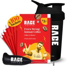 RAGE Extra Strong Premium Blend Coffee Pack of 100+Multipurpose Shaker 450 ml+Frother Instant Coffee(100 x 1.5 g, Assorted Flavoured)