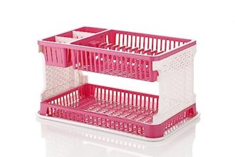 Attro Lenova Utensil Basket-Stylish And Durable Plastic Kitchen Organizer Rack Cutlery Utensil,Simple Assembly, Fruits And Vegetable Drying Drain And Storage Stand With Water Storing Tray-Pink