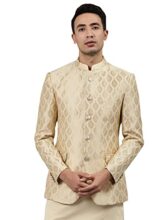 MANQ Men’s Slim Fit Bandhgala Blazer, Self Design, Fawn, Mandarin Collar, Single Breasted Ethnic Jacket for Wedding, Party & Formal Wear 44