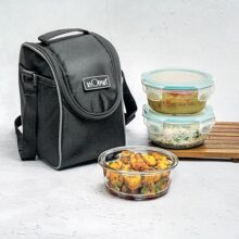 La Opala Cook Serve Store 100% Borosilicate Glass Vertical Lunch Box with Bag | Set of 3, 400 ml Each, Round | with Leak Proof Snap Lid | Tiffin for Office & College | Microwave Proof | Transparent