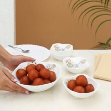 Larah by Borosil Caramel Square Series Opalware 7-Piece Pudding Set – White Opal Glass Bowls, Fade-Proof Patterns, Microwave & Dishwasher Safe, Bone-Ash Free, Ideal for Dining