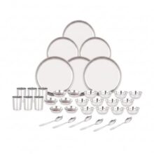 E – Ezra 36 Pieces Stainless Steel Dinnerware/Dinner Set – 6 Thali, 6 D.Plate, 12 Bowl, 6 Glass, 6 Spoon, Kitchen Set For Home & Restaurants, Family – Silver,Solid