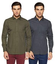 Amazon Brand – Symbol Men’S Solid Regular Fit Full Sleeve Cotton Casual Shirt (Combo Pack Of 2) (Aw-Sy-Mcs-1137_Dark Grey – Olive_Large)