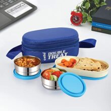 Cello Double Treat Set Of 3 Pcs Lunch Box With Jacket For Daily Use, Blue | 2 X 300Ml Stainless Steel Containers, 1 X Oval Container |Lightweight Leakproof Airtight Tiffin Box Case For Office & Travel