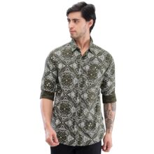 Spykar Full Sleeve Slim Fit Printed Green Shirts for Men (Size: M)-MSHPS2BD204-Military Green