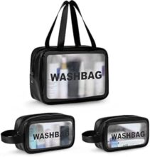 KASHIVAL Clear Travel Toiletry Bags Set, Waterproof Organizer Pouches, Large Capacity Storage Cases for Cosmetics, Accessories, 3 Pack (Black)
