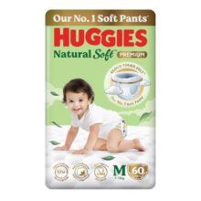 Huggies Natural Soft Premium Baby Diaper Pants, Our No.1 Soft Pants, Medium (M) Size (7-12 Kgs), Pack of 60 diapers | Cloud Softness All over with India’s 1st Cloud Touch BeltTM