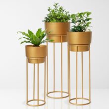 TrustBasket Metal Decorative Floor Stand – Gold Indoor Outdoor Plant Stand with Pot for Home Decor (Set of 3, Gold)