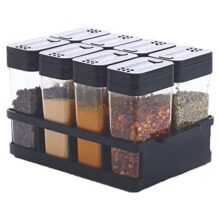 Pitrukrupa Enterprise Spice Jar Set With Rack, 8 Transparent Containers With Sliding Lid, Adjustable Pour Dual Holes Design, Kitchen Seasoning Storage Stand