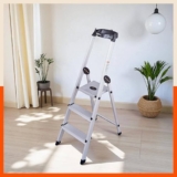 Bathla Elevate 3-Step Foldable Aluminium Ladder for Home with Tool Tray | Anti-Skid | Durable, Heavy Duty, Safe & Stylish | 5-Year Warranty | Black